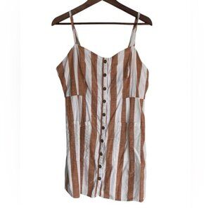 Striped Button-Front Brown & White Sundress With Adjustable Spaghetti Straps Smo